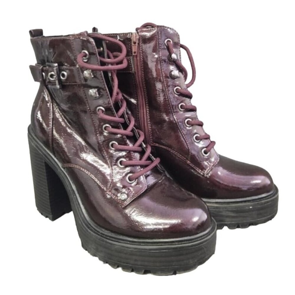 Guess GBG Sammi Chunky Platform Burgundy Patent Vegan Leather Combat Boots 7.5